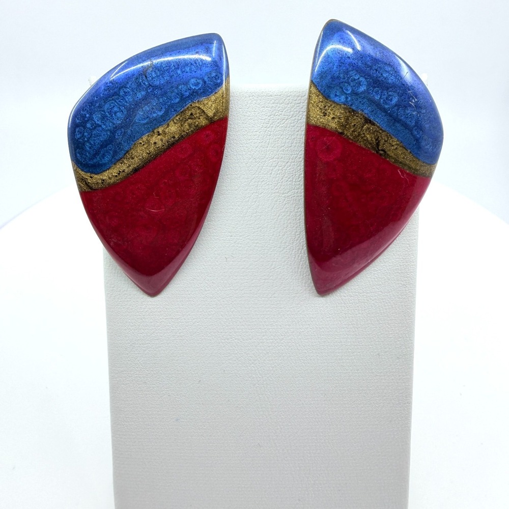 Vintage 80s Colorful Enamel Geometric Post Earrings Blue Red Gold Tone Studs